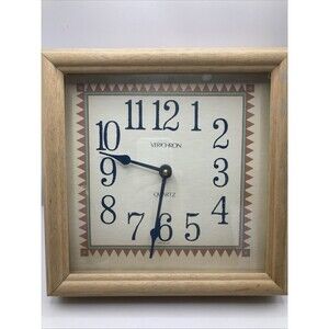 Vintage Verichron Quartz Wall Clock Square Wood Frame Mid Century Modern USA 9”